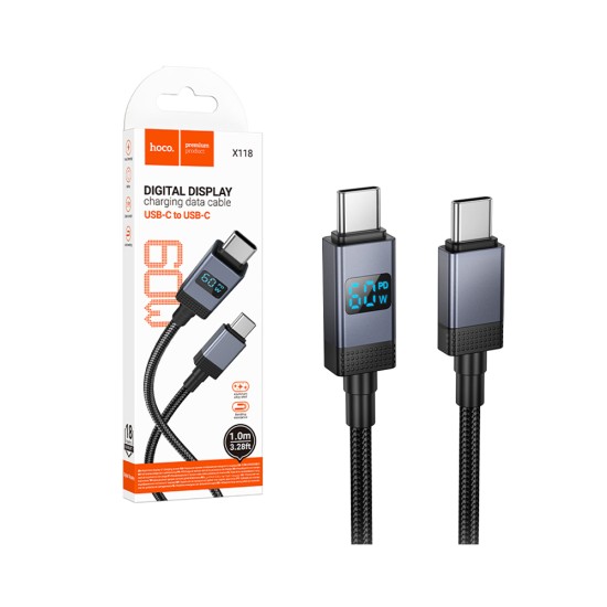 Cabo de Carregamento Hoco X118 Generous com Display 60W Tipo-C para Tipo-C 1M Preto